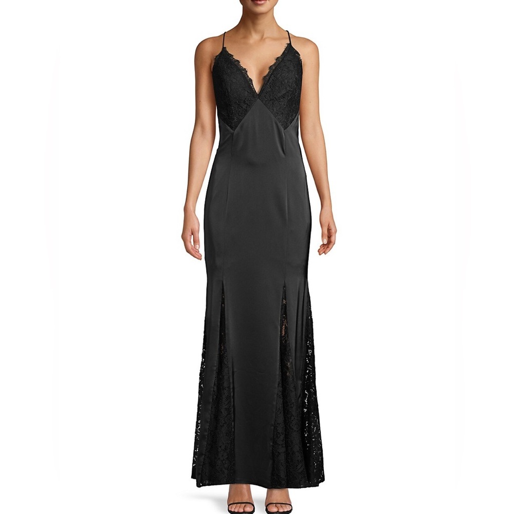 Aidan by Aidan Mattox Black Liquid Satin Lace Gown